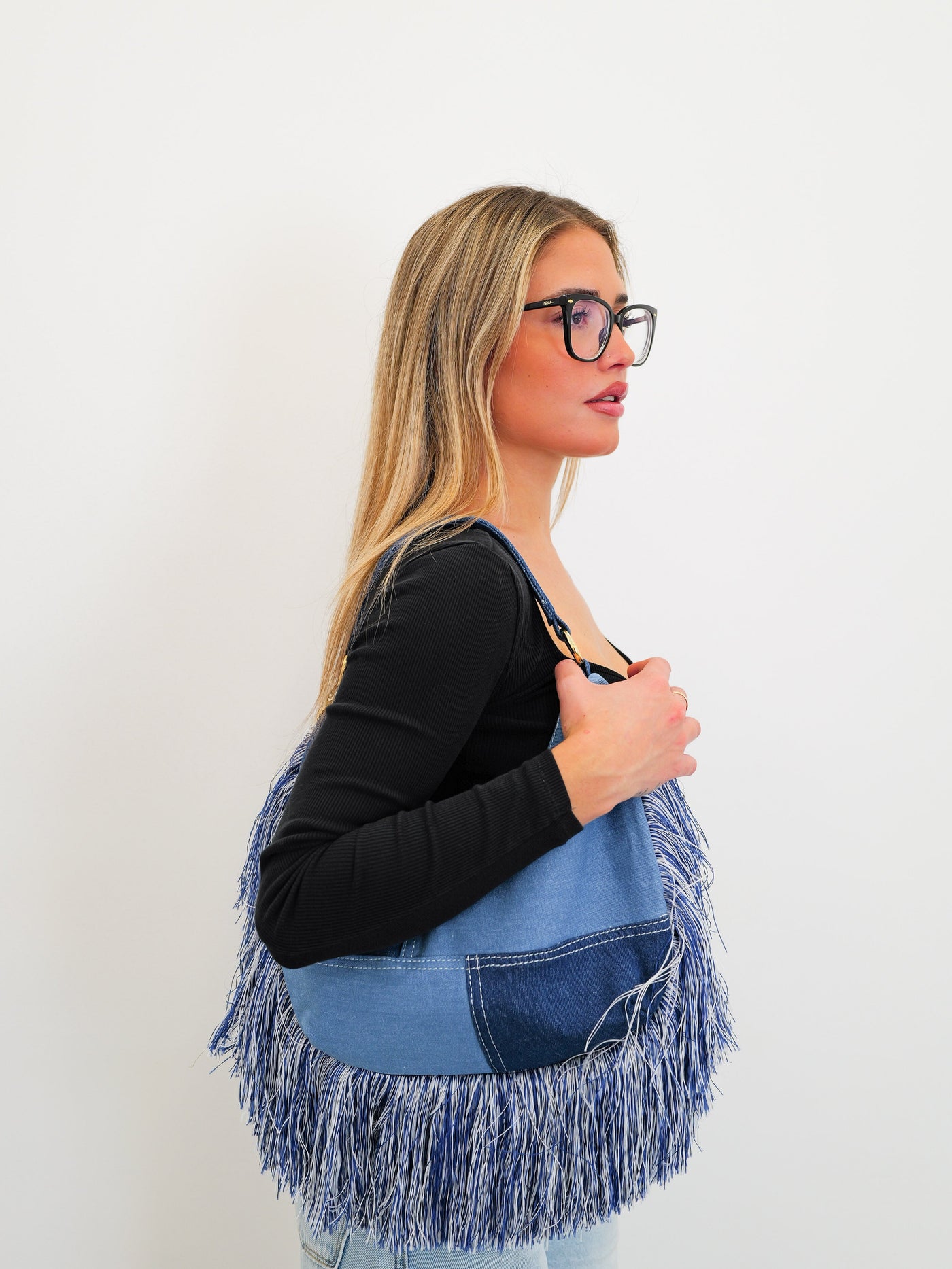 Denim fringed bag