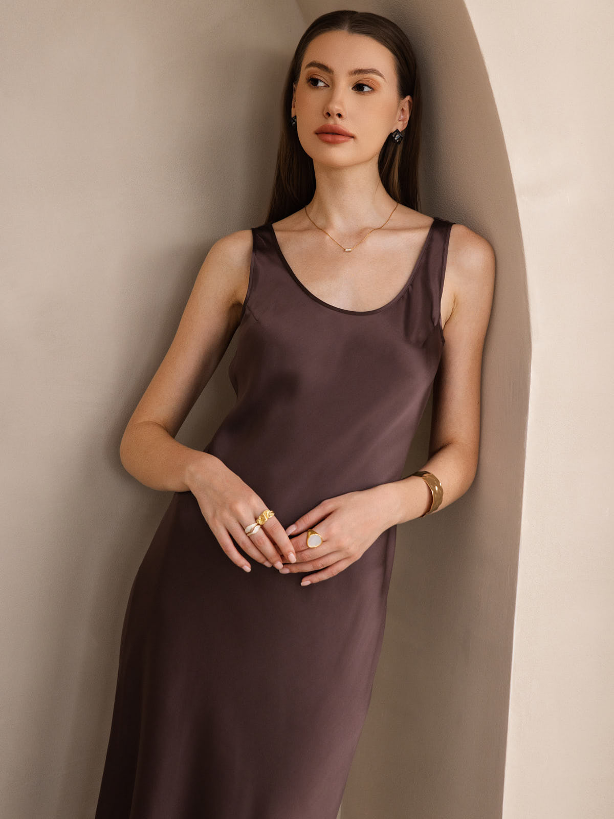 Reine Seide Weite Träger Ärmelloses Lang Kleid