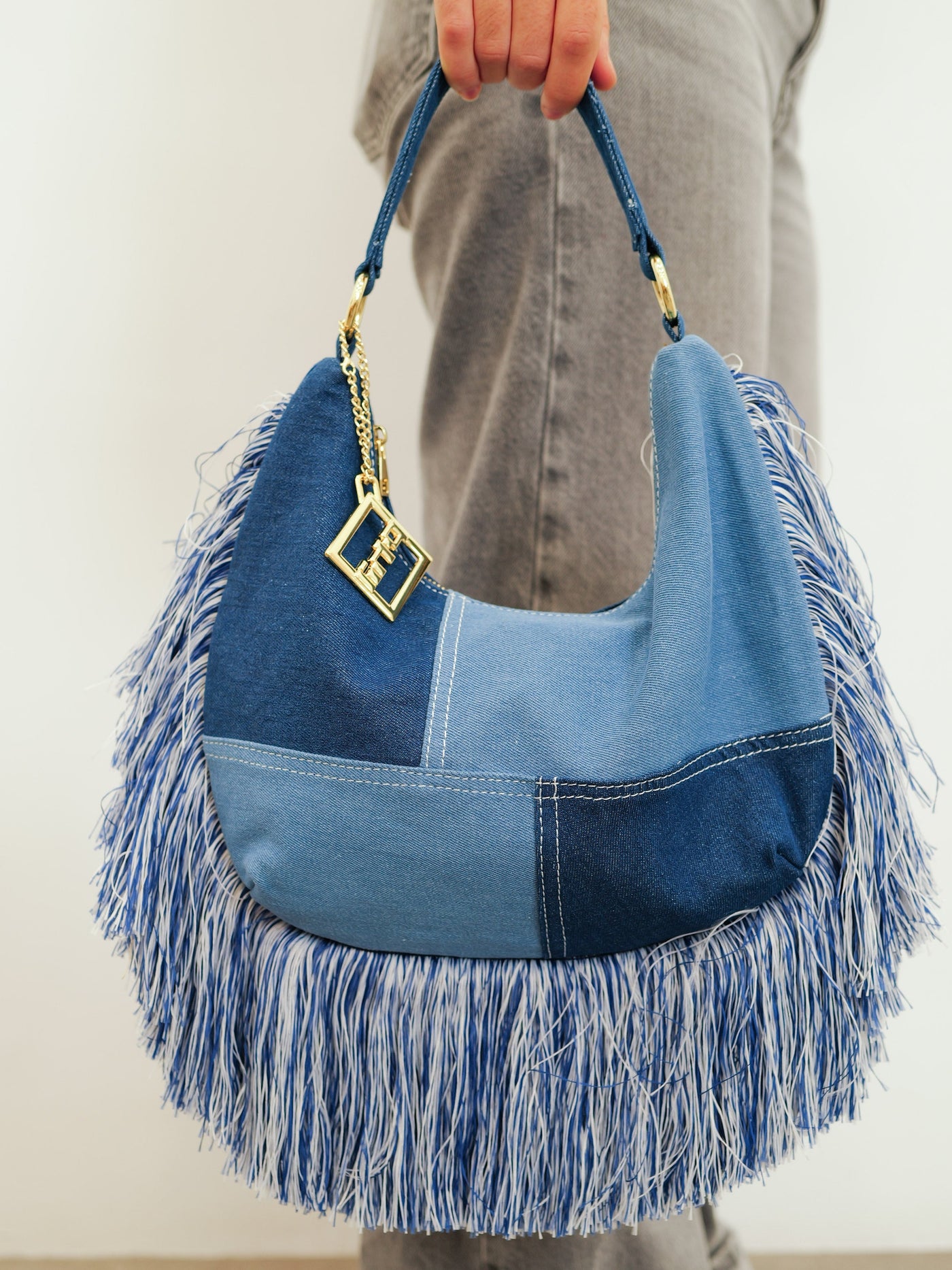 Denim fringed bag