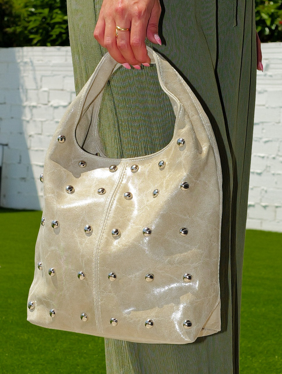 Beige studded shoulder bag
