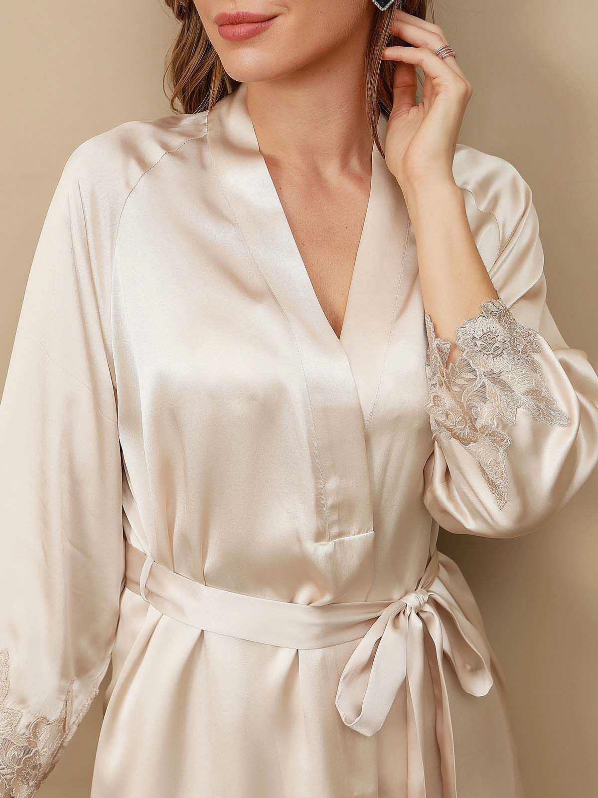 Reine Seide Spitze Nachthemd & Robe Set 2Pcs