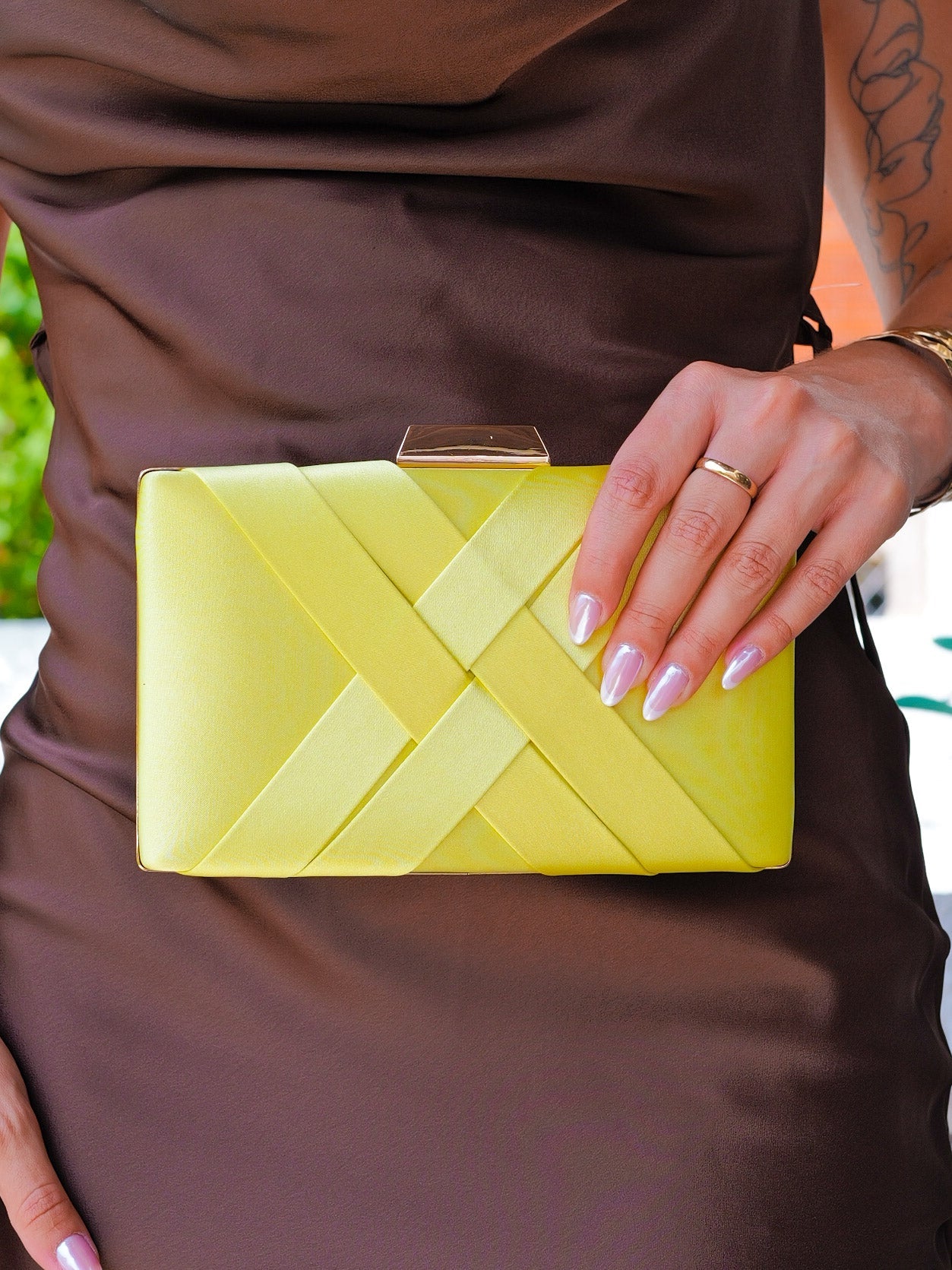 Lime satin clutch
