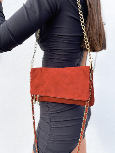 Burgundy suede chain leather bag